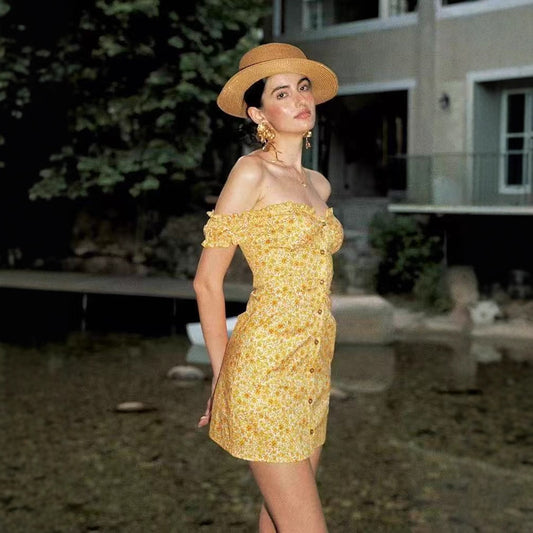 Single-breasted Off-shoulder Dress With Puff Sleeves