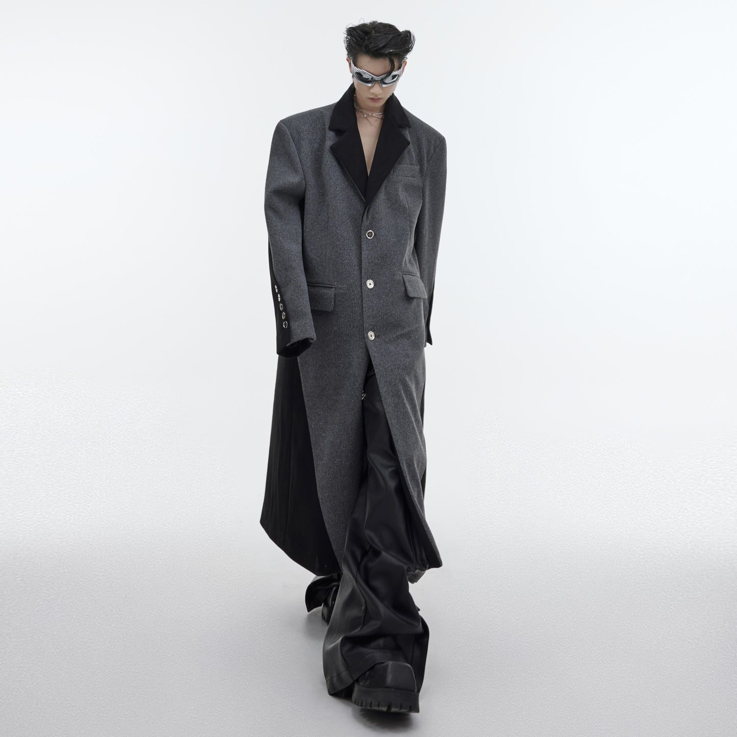 Contrast Color Patchwork Long Knee Length Woolen Coat
