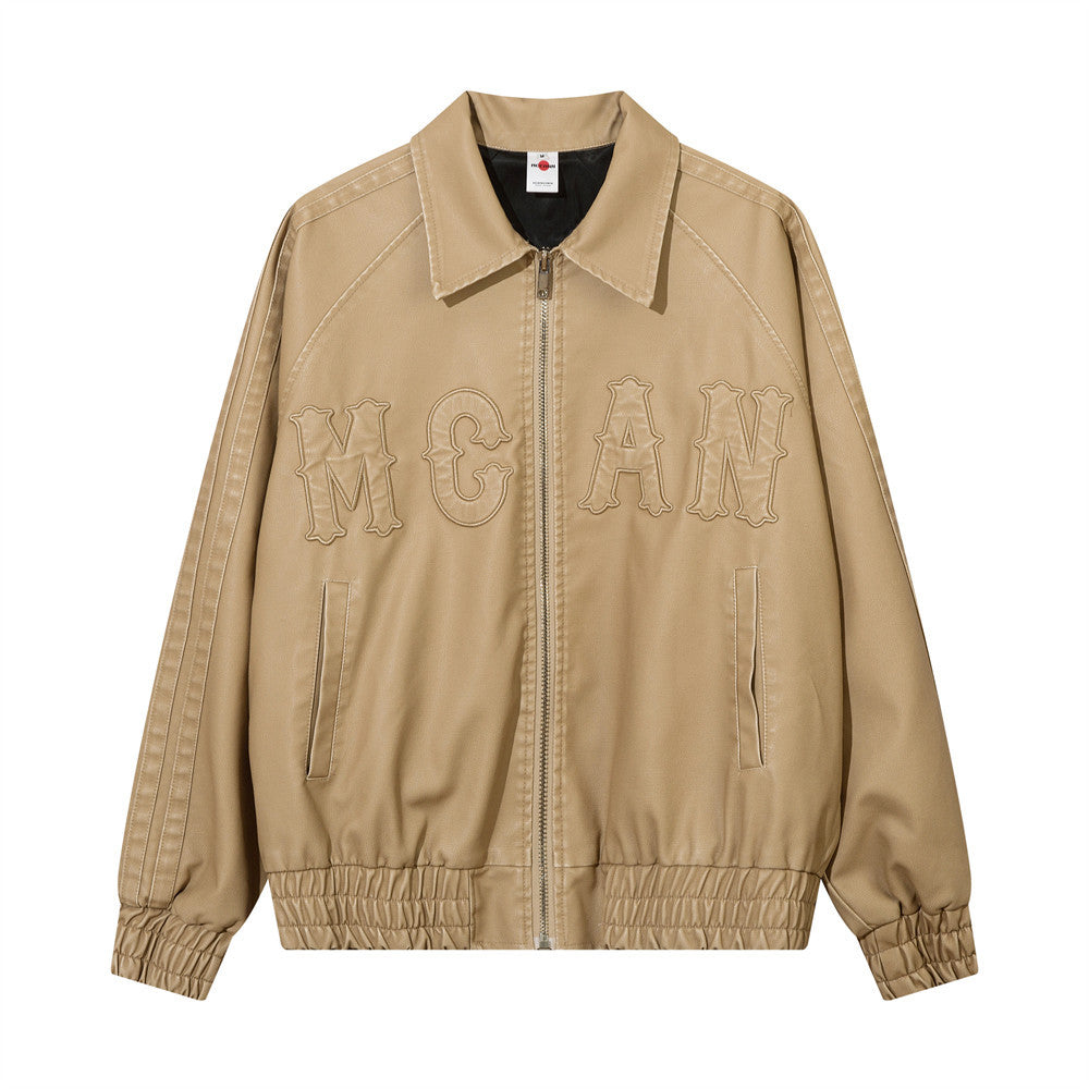Letter Embroidery Pu Leather Coat Men