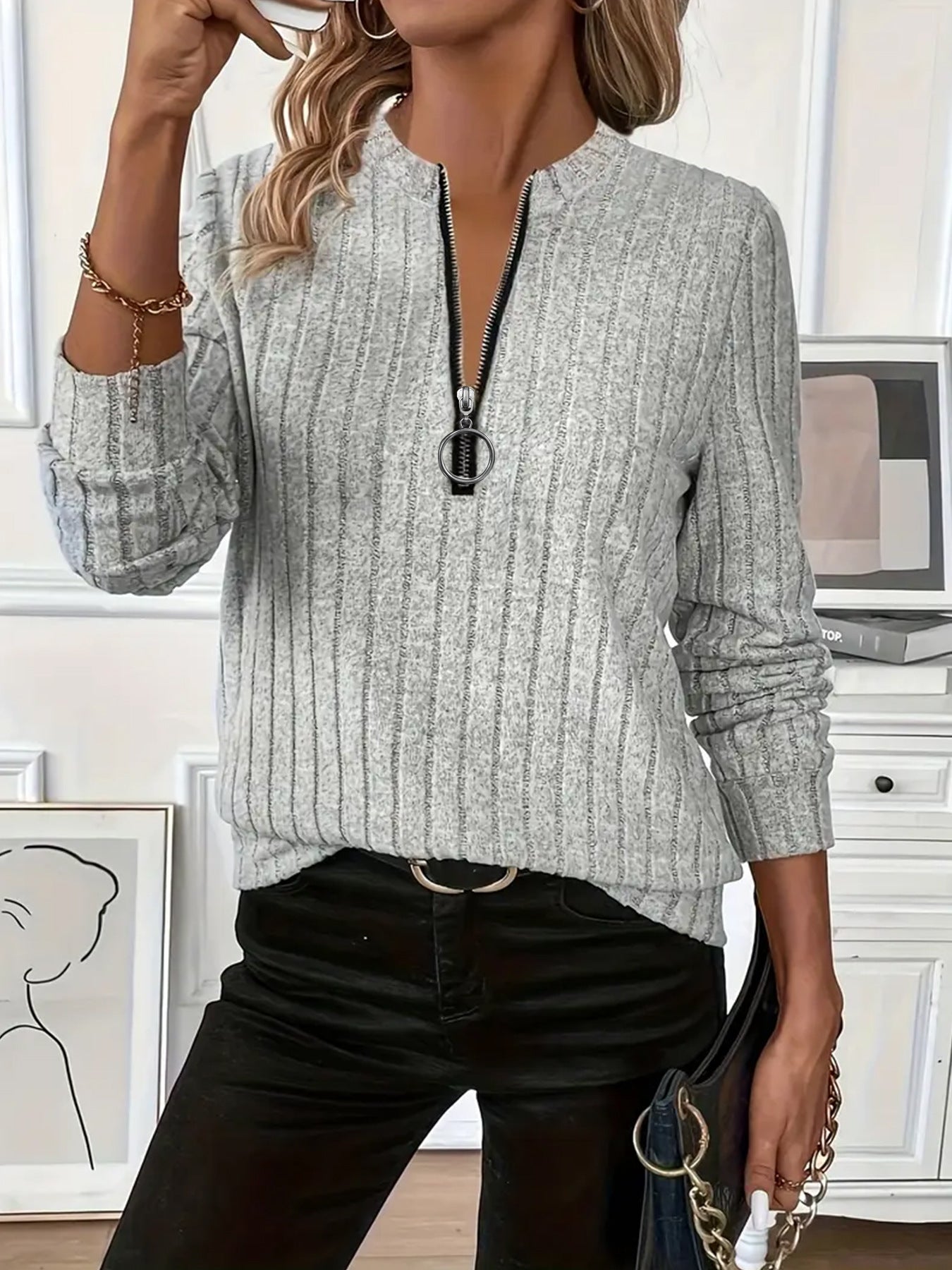 New Womens Rib-knit Solid-color Long-sleeve Top With A Zipper