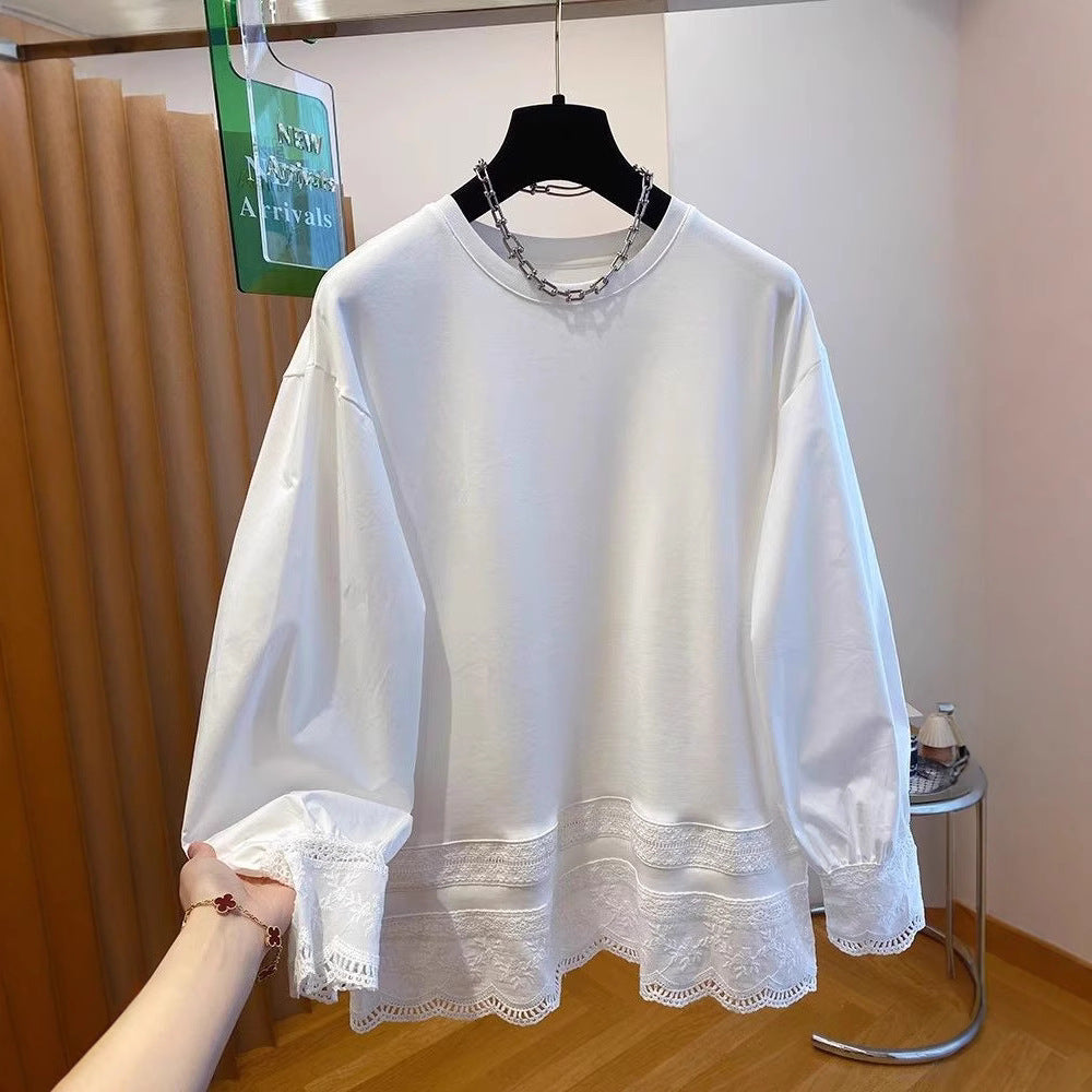 White Lace Patchwork Puff Sleeve Long Sleeve Women's Spring