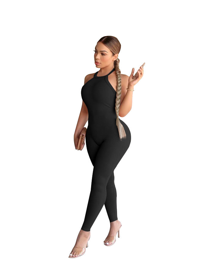 Women's Sling Pure Color Tight High Top Sports Jumpsuit
