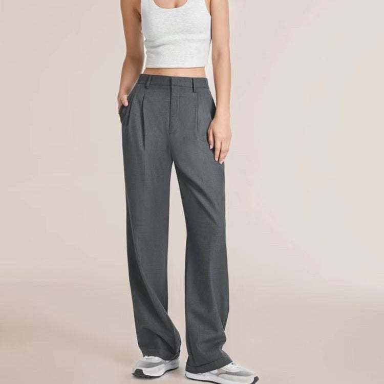 Commuter Drooping Slimming Solid Pocket High Waist Wide Leg Pants