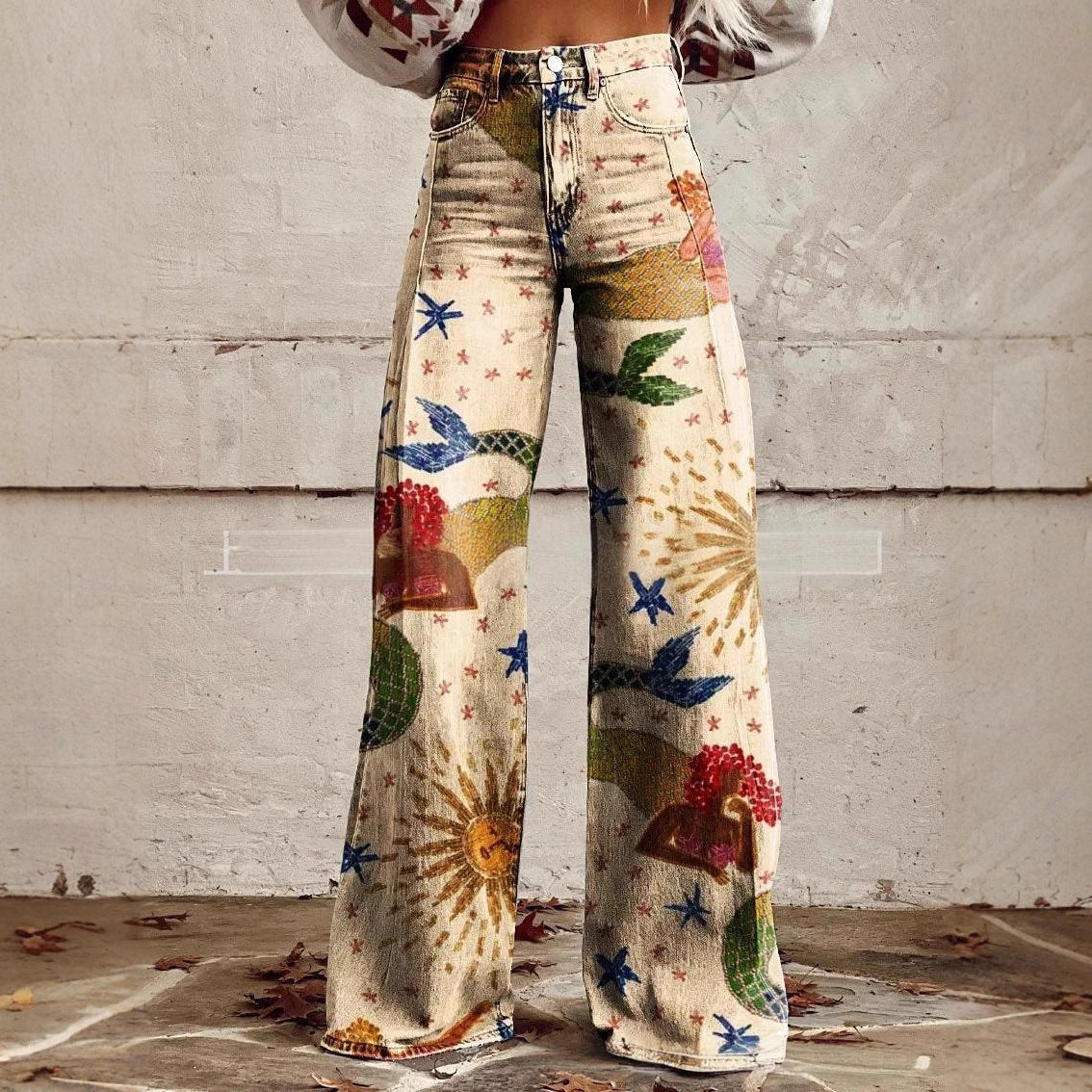 printed Retro Sunflower Guitar Art-style Womens Wide-leg Flared Denim Jeans 3D