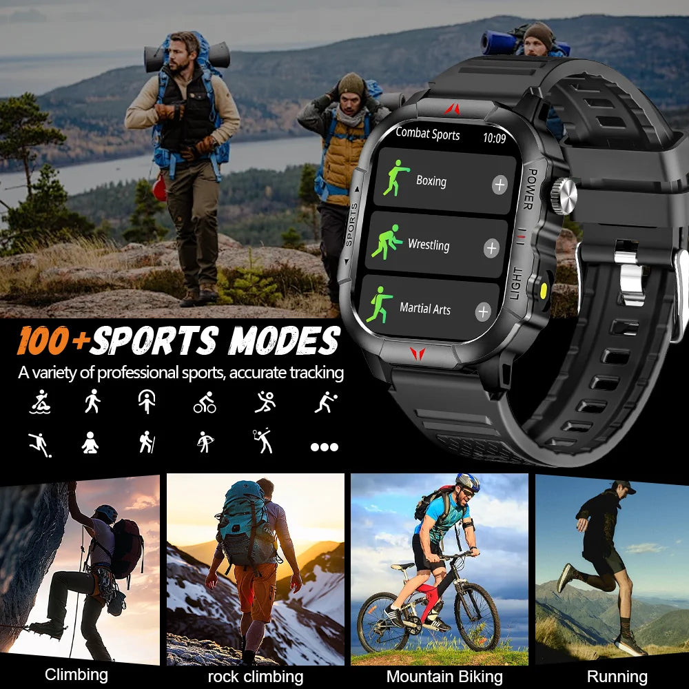 2025 New Men Smart Watch LED Flashlight BT Call 100+ Sports Modes Health Monitoring IP68 Waterproof Outdoor Smart Watch
