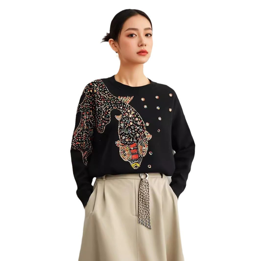 Women's Beads Rhinestones Goldfish Sequined Pullover Sweater