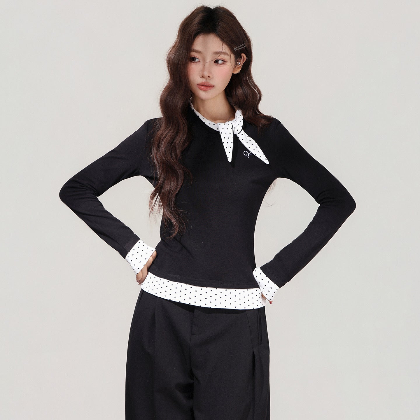 Women's Black Polka Dot Bow Fake Two-Piece Long Sleeve T-Shirt