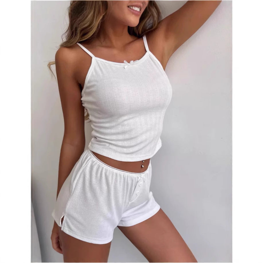 Jacquard Hollow-out Pajama Set Fitted Vest Shorts Sexy Two-piece Home Wear For Women