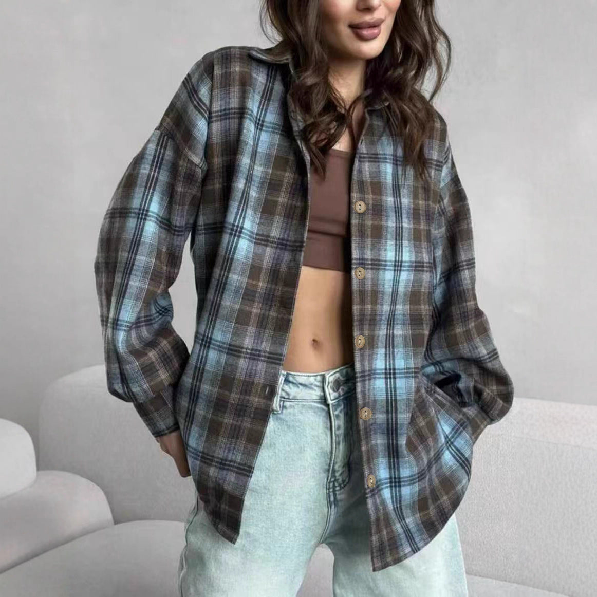 New Stylish Springfall Top Plaid Shirt Jacket