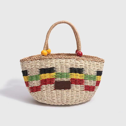Picnic Basket Tassel Wooden Bead Decorative Cute Handbag Hand Woven