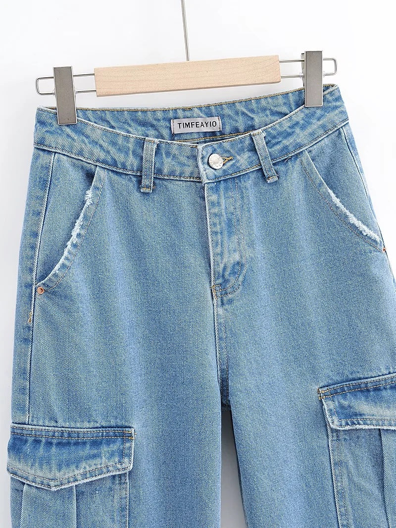 Vaskede Blå Bukser med Lommer Høj Talje Brede Ben Jeans Kvinder Casual Jeans