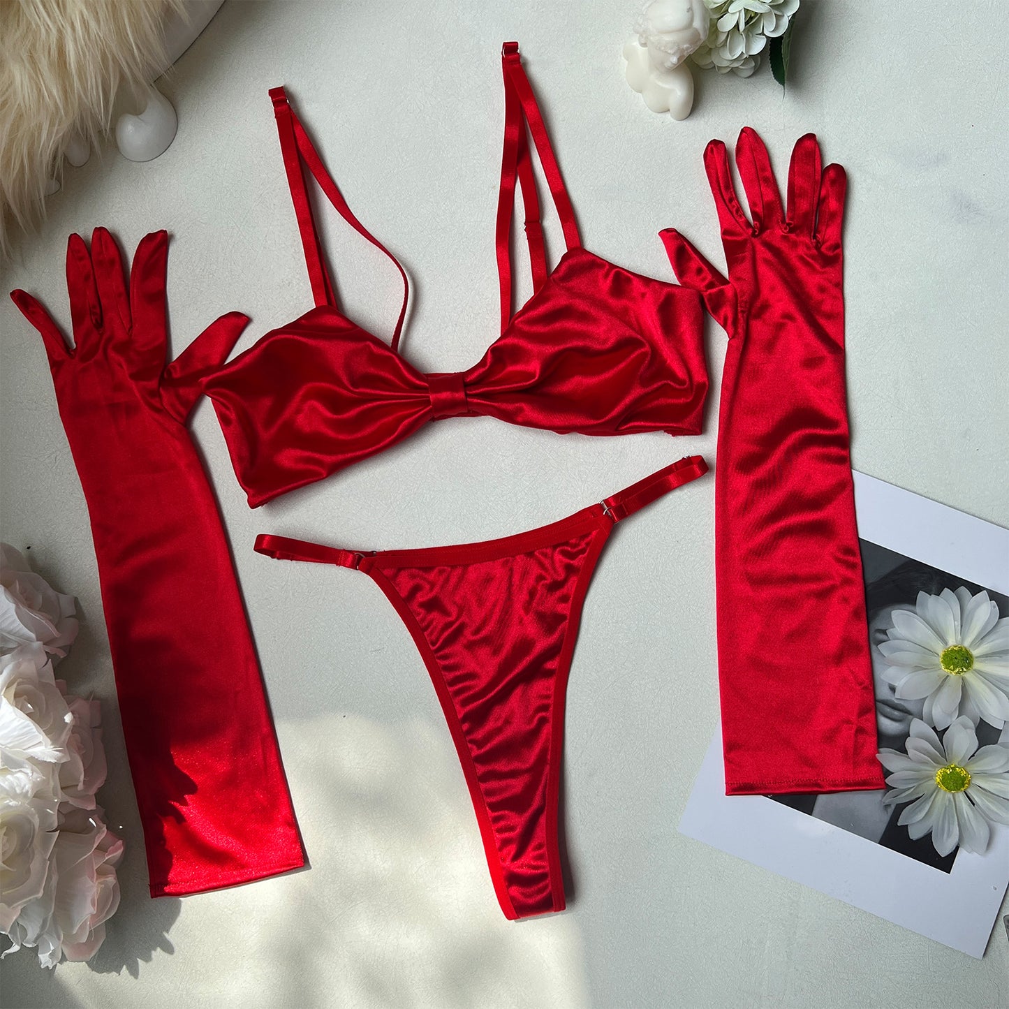 Silk Christmas & Valentines Day Lingerie 3-Piece Set Includes Gloves