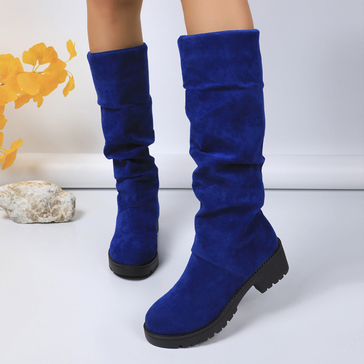 Leopard-print Suede Block-heeled Versatile Pleated Booties