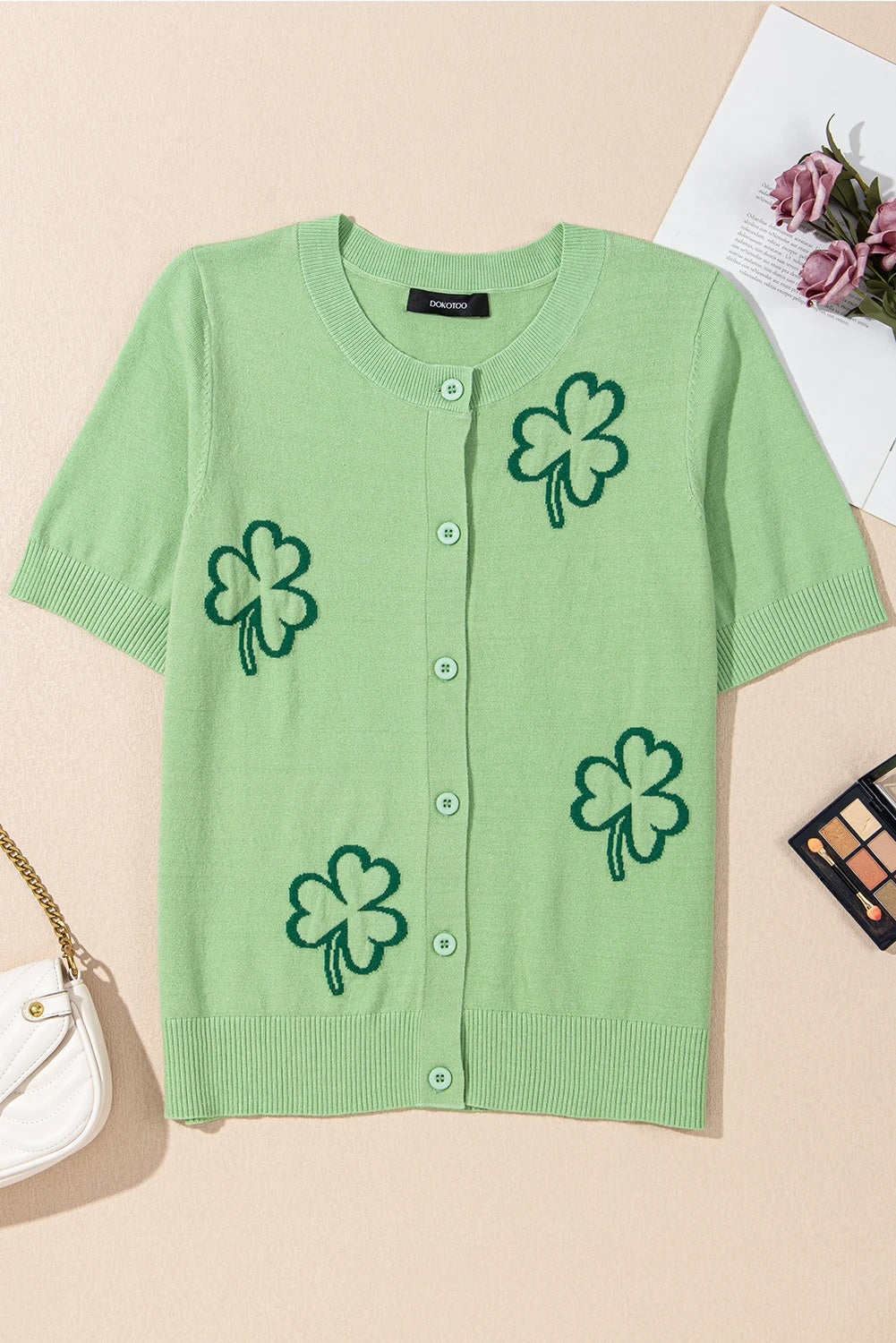Green Holiday Jacquard Pattern Short-Sleeve Cardigan