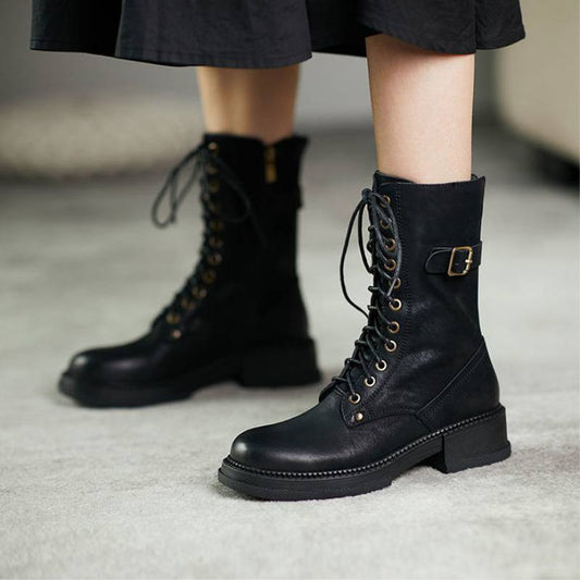 Ins Thick Heel Mid-tube And Velvet Lace Up Womens Boots