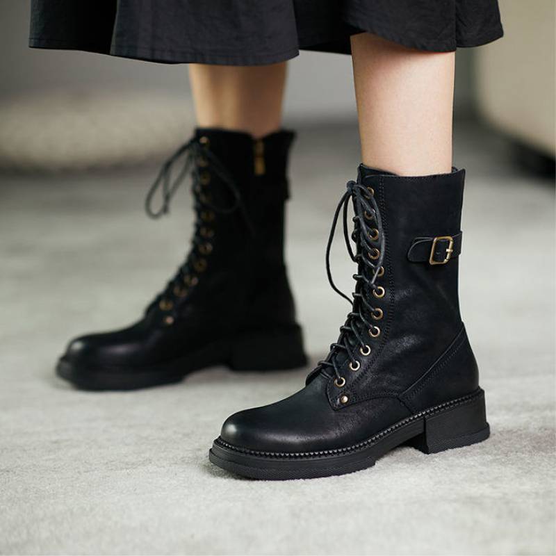 Ins Thick Heel Mid-tube And Velvet Lace Up Womens Boots