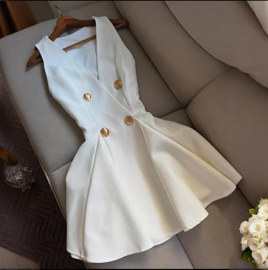 V-neck Sleeveless Buttoned Solid-color Sweet Mini Dress