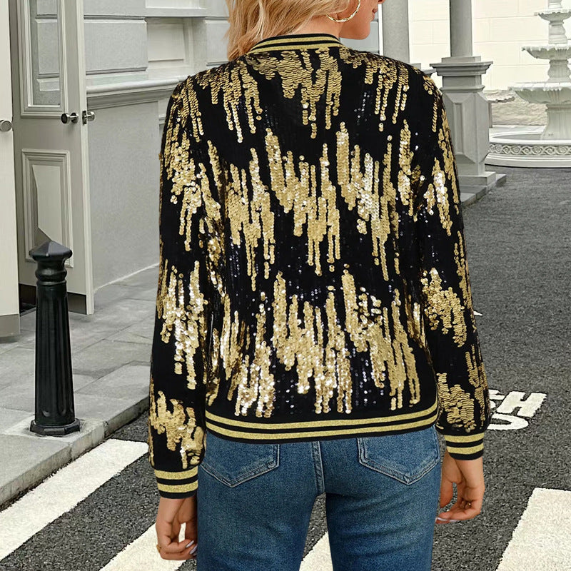 Stand-collar Casual Colorful Jacket With Sequins