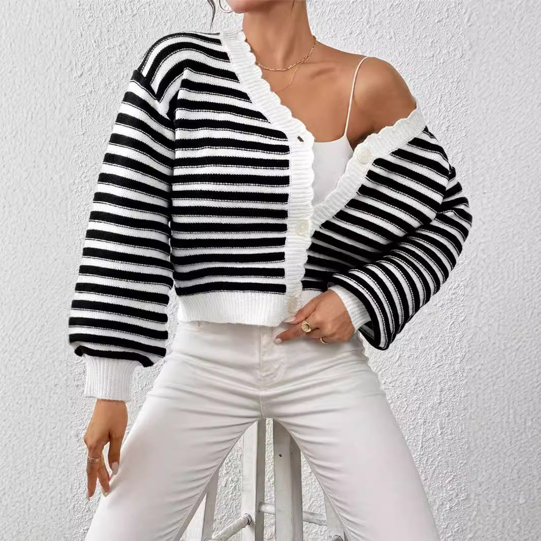 Knitted Cardigan Colorblock Sweater Coat Women's Rainbow Striped Lantern Sleeve
