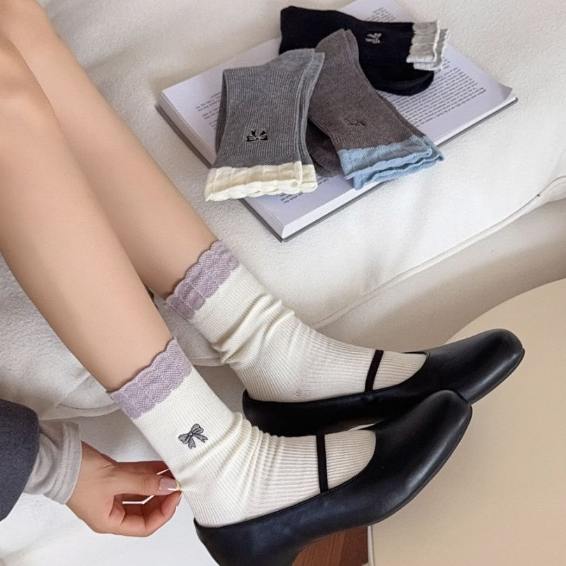 Autumn Double-Needle Petal Embroidery Colorblock Mid-Calf Socks