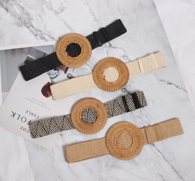 Versatile Oversized Round Buckle Straw  Elastic Belt