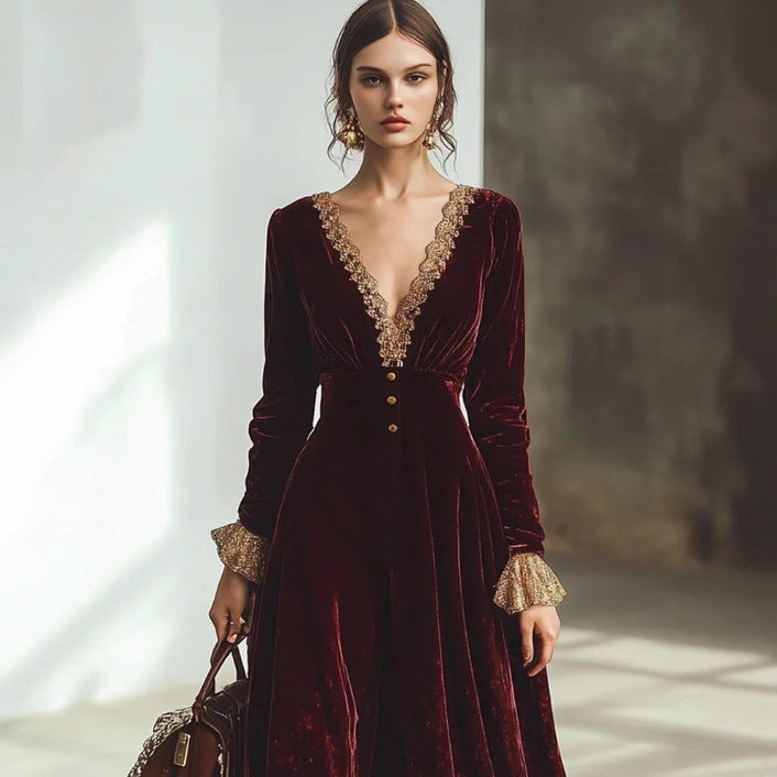 Vintage Red Velvet Lace V-neck Long-sleeve Maxi Dress