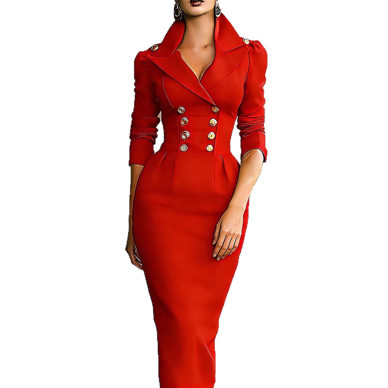 Elegant High-waisted Figure-flattering Dress Long-sleeve Midi Dress For Women