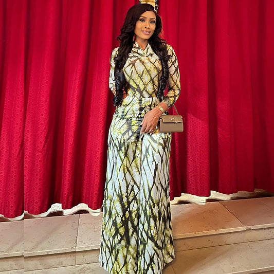 Fitted-waist Pleated Maxi Dress With Long Sleeves Women's Two-piece Set