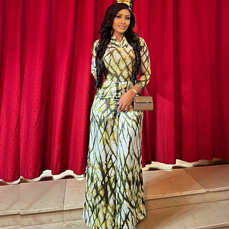 Fitted-waist Pleated Maxi Dress With Long Sleeves Women's Two-piece Set