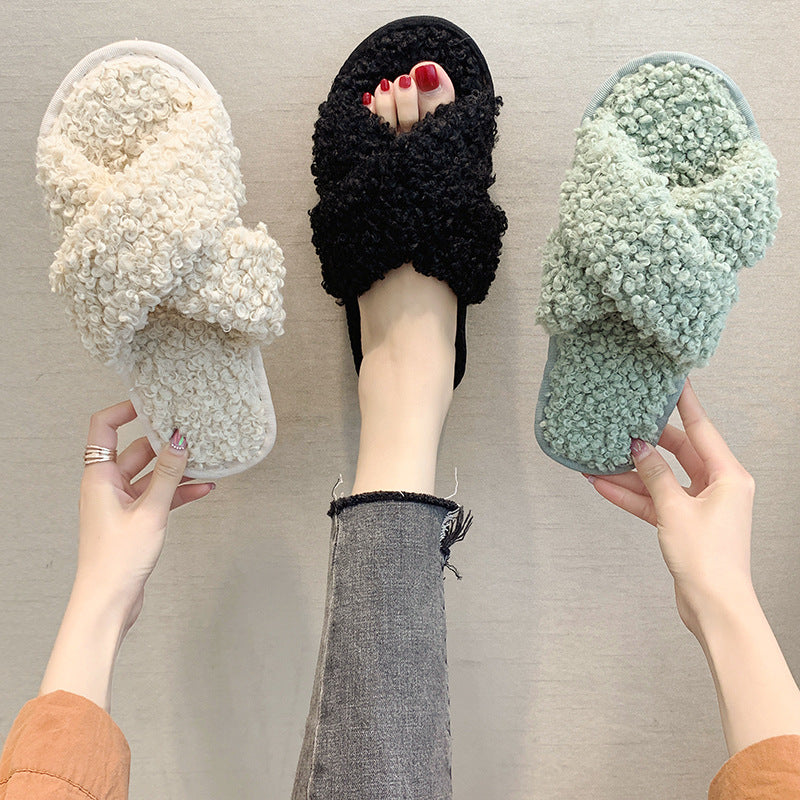 Cross hairy slippers to keep warm at home