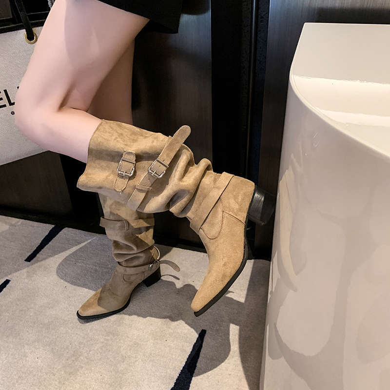 Womens Suede Pointed Toe Chunky Heel Ankle Boots