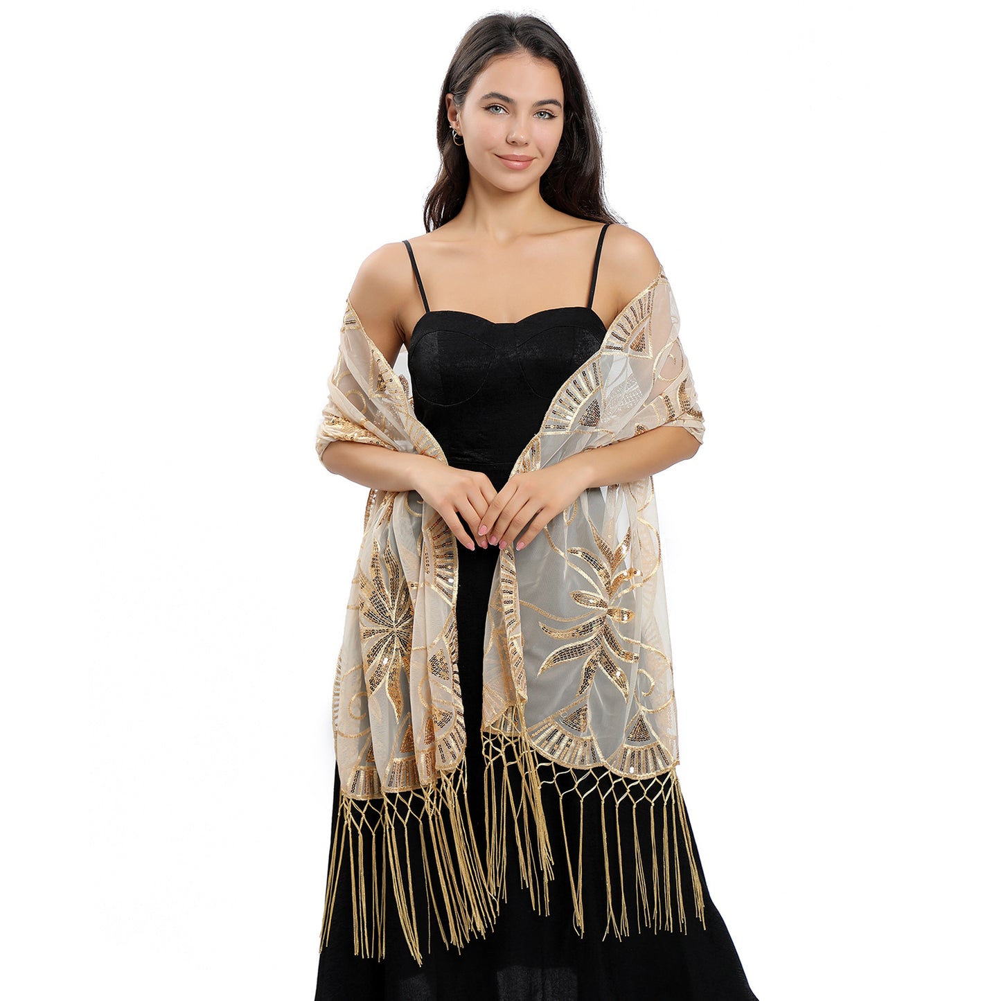 Long Sequined Embroidered Feather Shawl