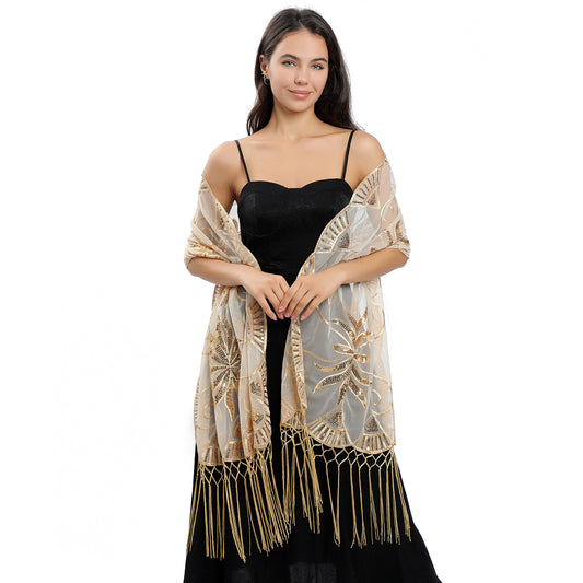 Long Sequined Embroidered Feather Shawl