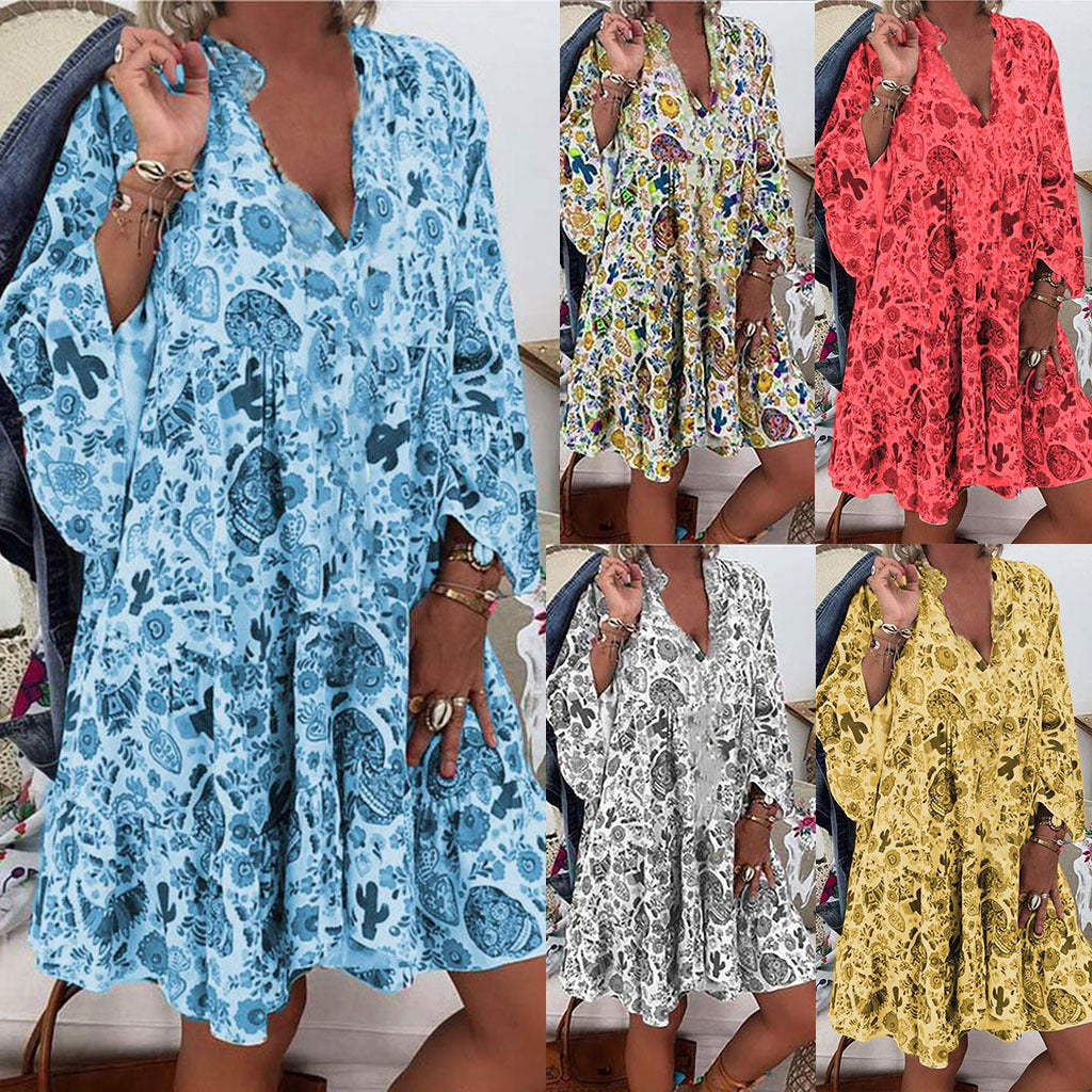 Printed Pointed Collar Button Ruffled Loose Dress