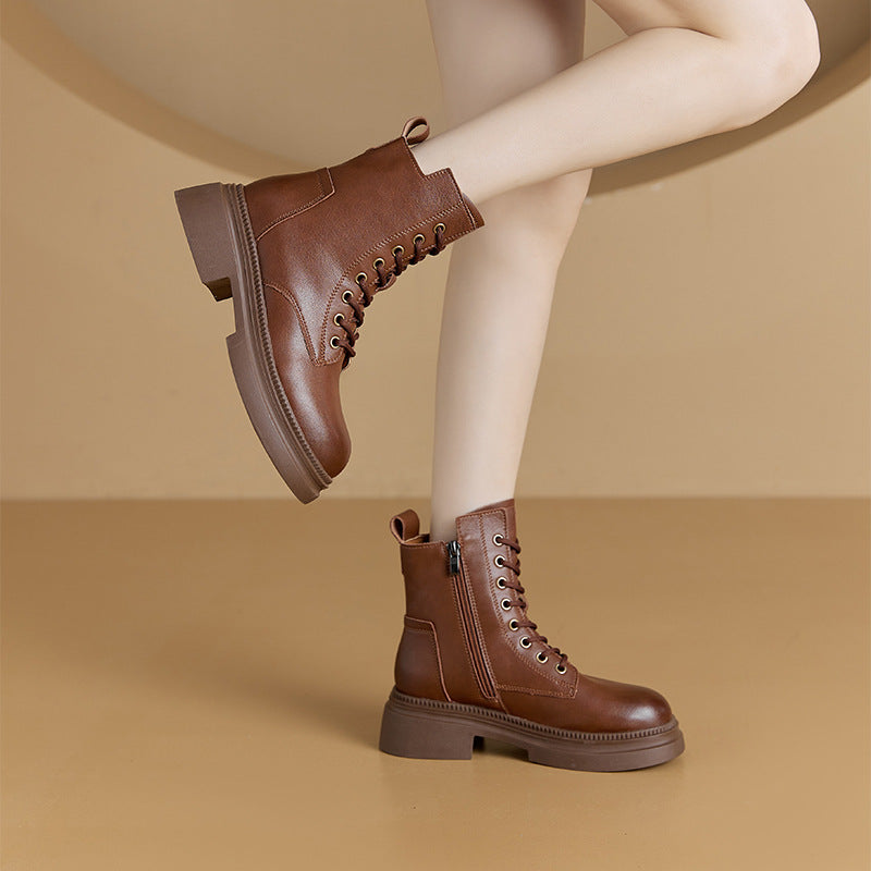 Retro Genuine Leather Martin Boots Women Korean Version Thick Sole