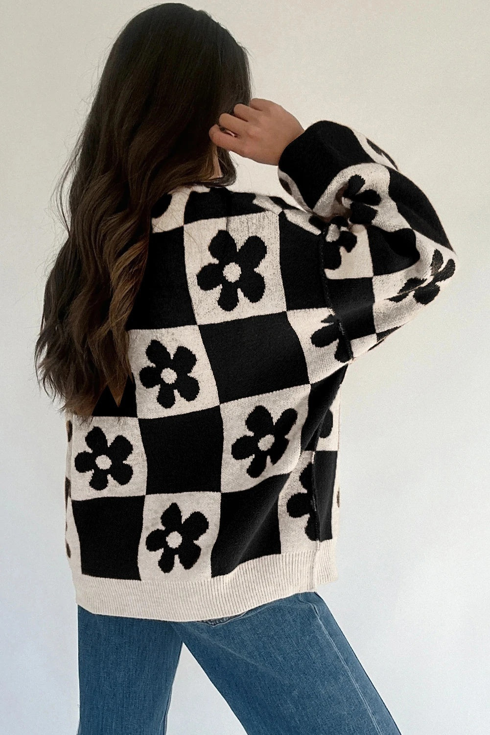 Black Henry Plaid Collar Loose Sweater