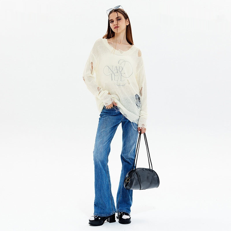Loose Round Neck Thin Ripped Long Sleeves Shirt