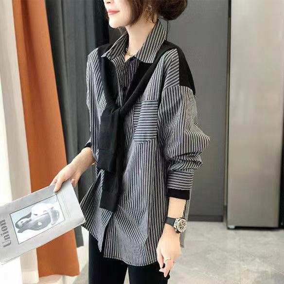 Women's All-match Loose Black And Gray Striped Top Shirt