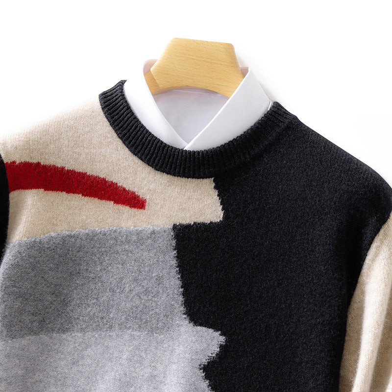 Fall Winter Men Round Neck Contrast Color Style Woolen Sweater