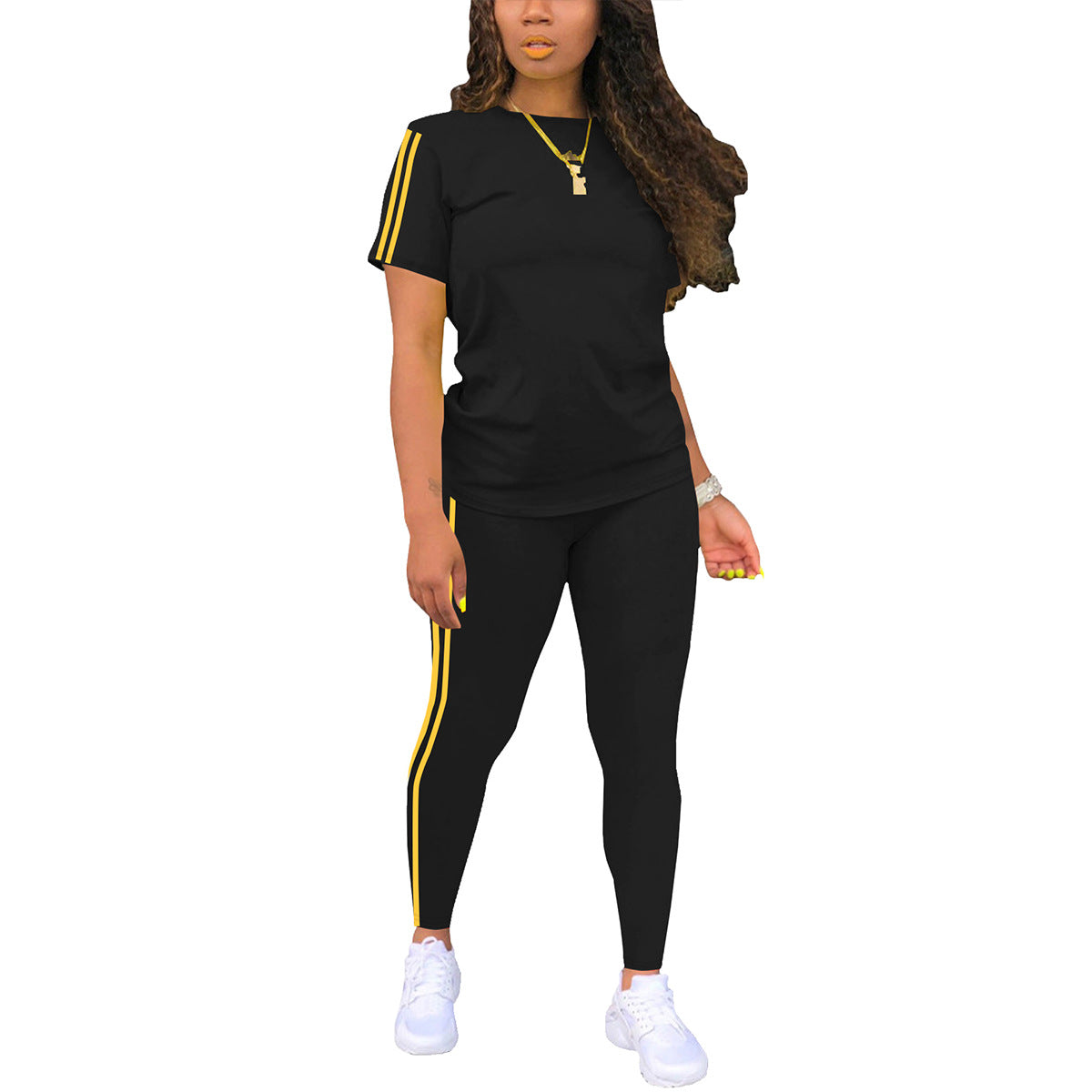 Round Neck Short-sleeved Top With Trousers Suit Side Stickers Women's Two-piece Suit