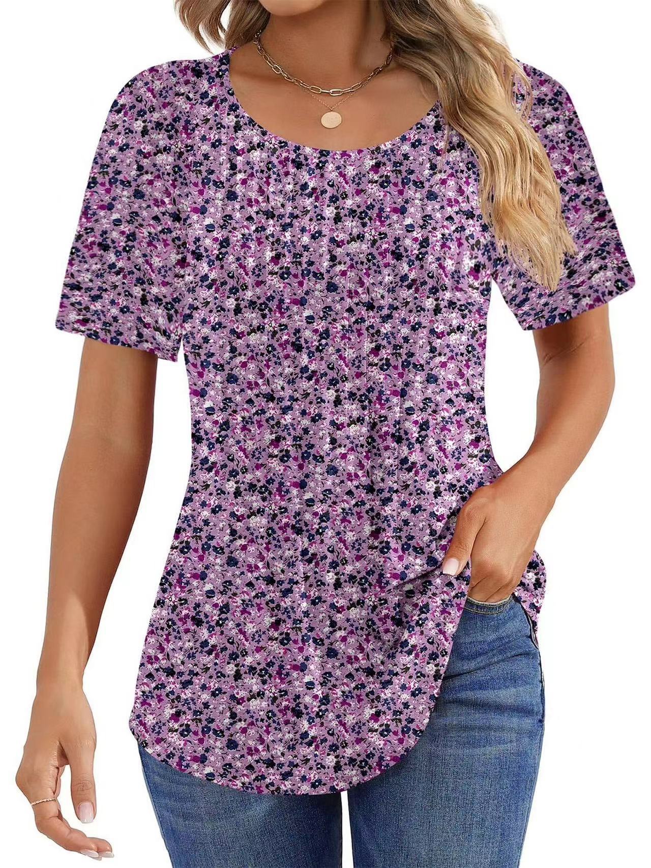 Round Neck Pleated Printed T-shirt