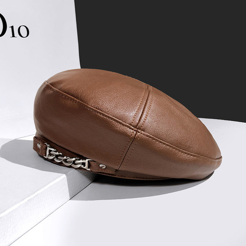 Women's British Vintage Chain Leather Beret Hat
