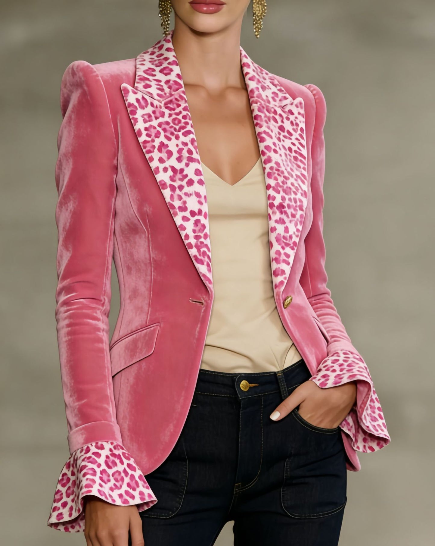 Women's Sweet-and-Cool Color-Block Velvet Blazer With Faux Pockets