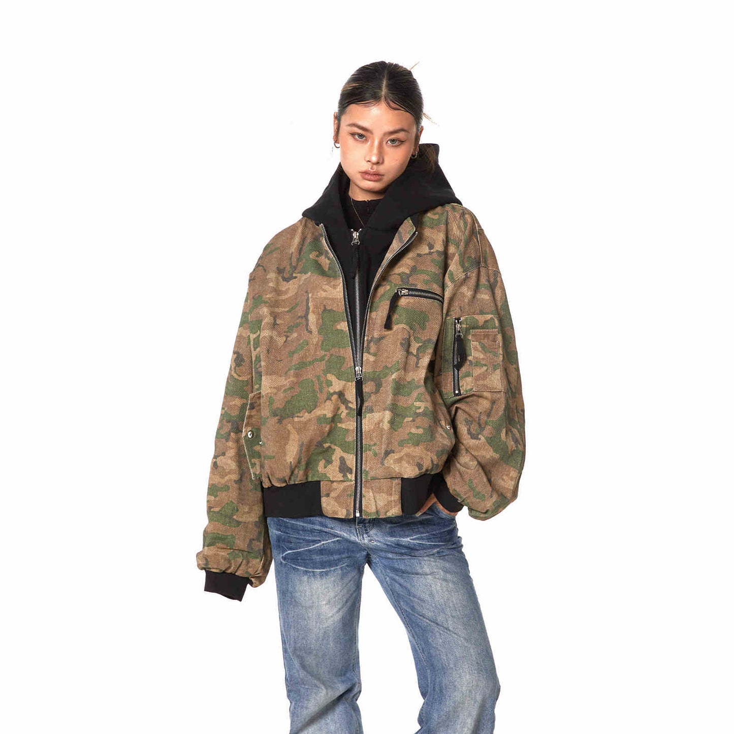 Retro Workwear Camouflage Coat Women Fake Two Pieces Loose Jacket