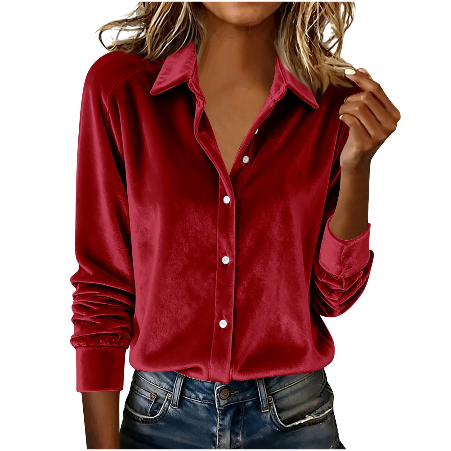 Versatile Solid-color Gold-velvet Shirt With A Lapel Collar