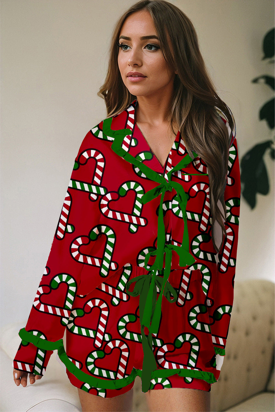 Casual Christmas Satin Printed Ruffle Strip Lace-up Pajamas Set