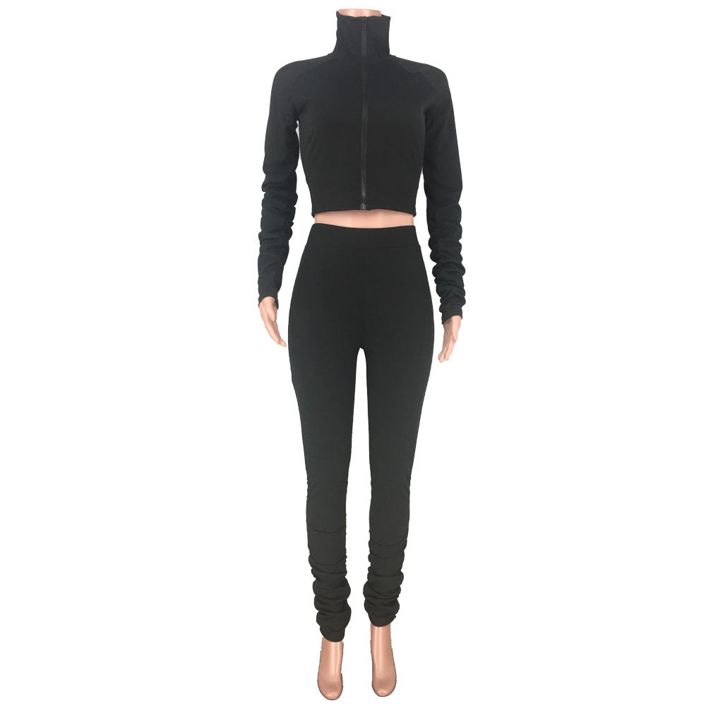 Fashion Casual Women's Pit Strip Pleated High-neck Two-piece Suit