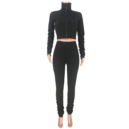 Fashion Casual Women's Pit Strip Pleated High-neck Two-piece Suit