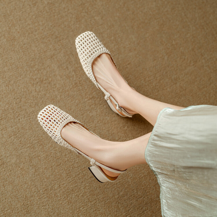 Woven Hollow-out Closed Toe Sandals Women's Chunky Heel Shoes