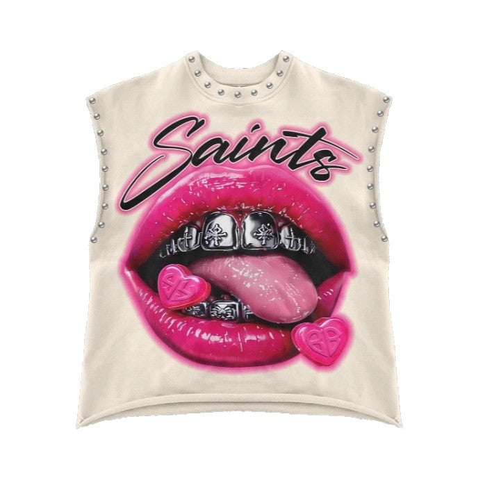 Nostalgic Lip Print Studded Casual Vest